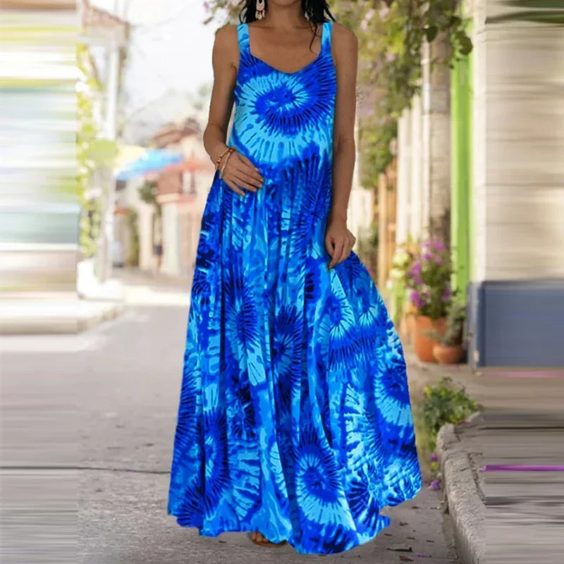 Women\'s Fashionable Flame Printed Sleeveless Dress  Summer Casual Printed Long Dress