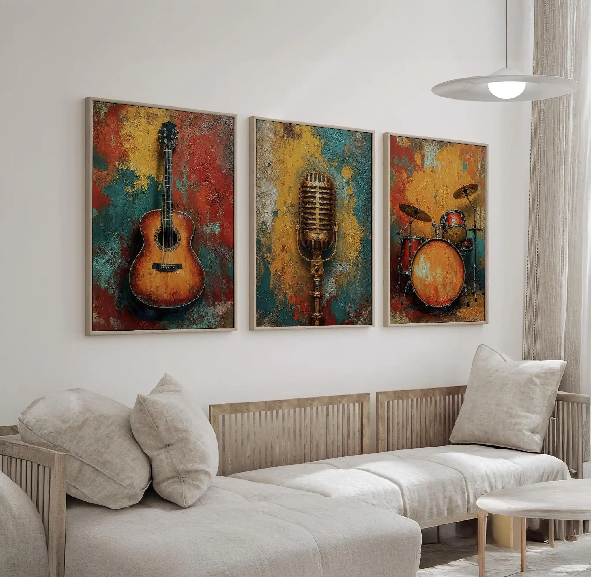 (3PCS Unframe)3Pcs Retro Vintage Music Wall Art, Guitar Mic Drum Set Grunge Canvas Prints, Musical Instrument Posters for Bar Ho