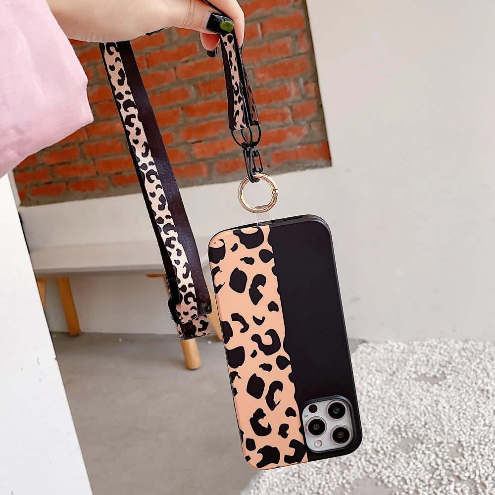 Keyring Leopard print case For iPhone 14 Pro Max Lange 13 12 Mini 11 X XR XS 7 8 Plus 6 6S SE Anti-fall Soft silicone case