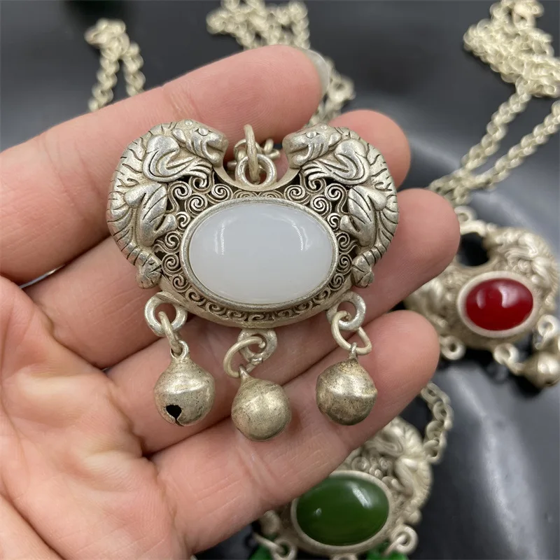 -Style Vintage Tibetan Silver Hundred Blessings , Sweater Chain Accessory, Jade Lock Pendant