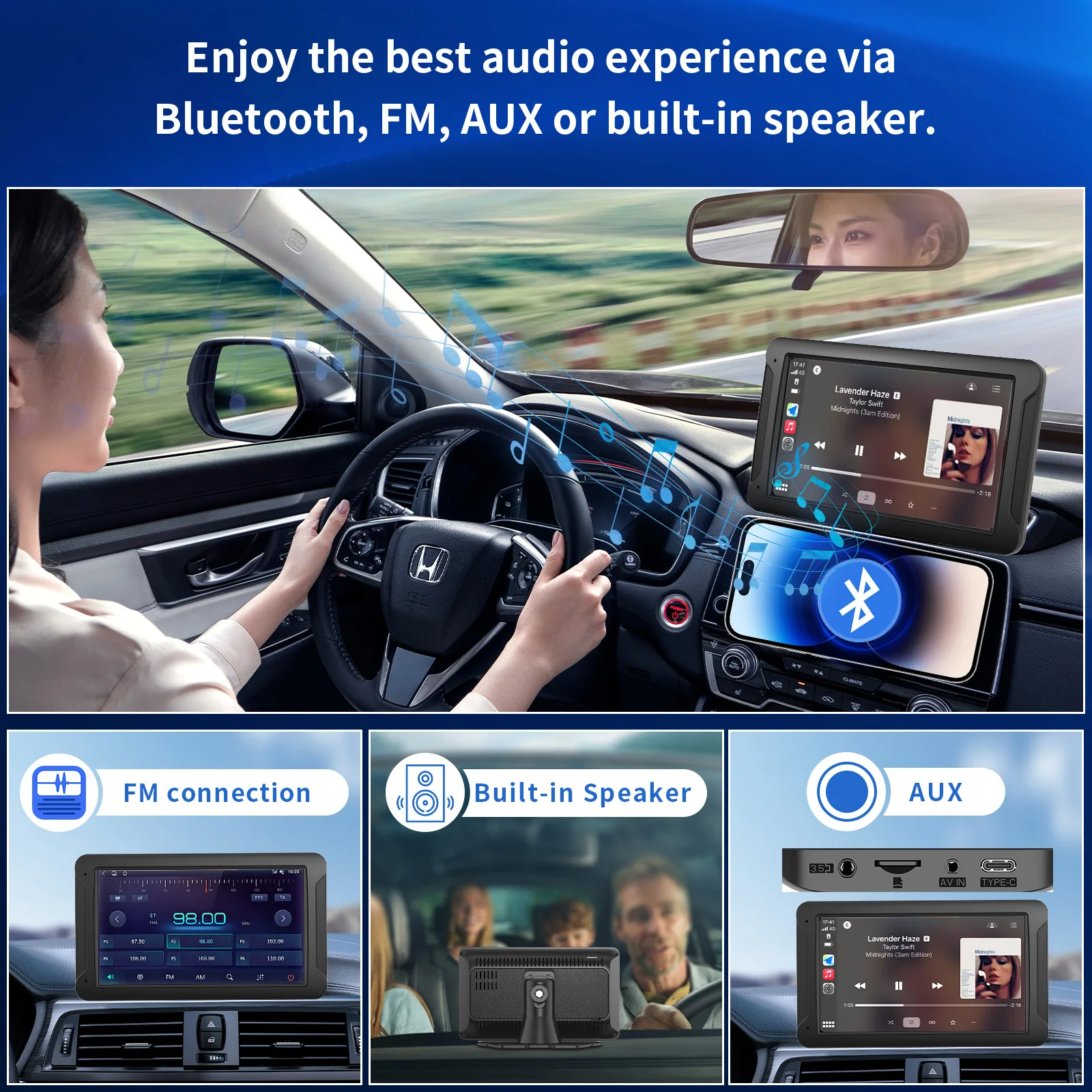 شاشة Pionray اللاسلكية CarPlay للسيارة 7 بوصة HD شاشة ستيريو محمولة تعمل باللمس CarPlay وAndroid Auto 1080P كاميرا احتياطية كاملة الوضوح