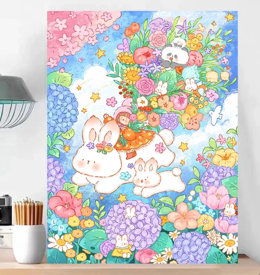 

9ct 75X100cm The Rabbits with Flowers Pre-Printed Cross Stitch DIY Embroidery Set Handmade Handicraft Floss Needle Crafts