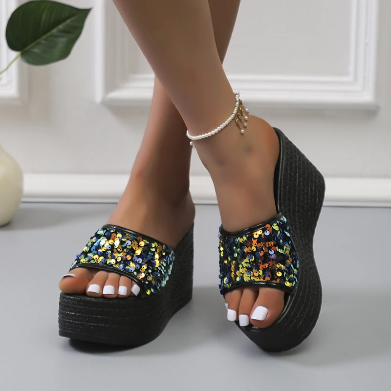 Crystals Wedges High Heels Slippers Leisure Summer Sandal Woman Shoes Women Platform Mules Slippers Slip on Outside Pantuflas