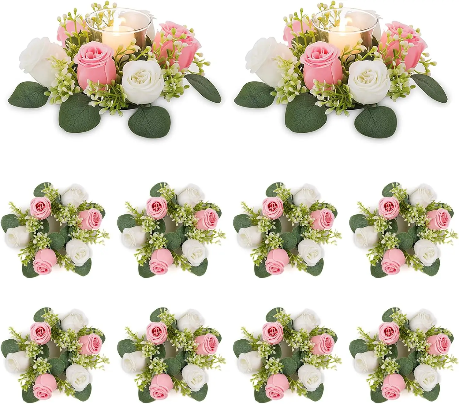 Wedding Table Flower Centerpiece: 12 Pcs 2.9 Inches Inner Diam Pink and White Rose Artificial Flowers Candle Rings Wreaths for H