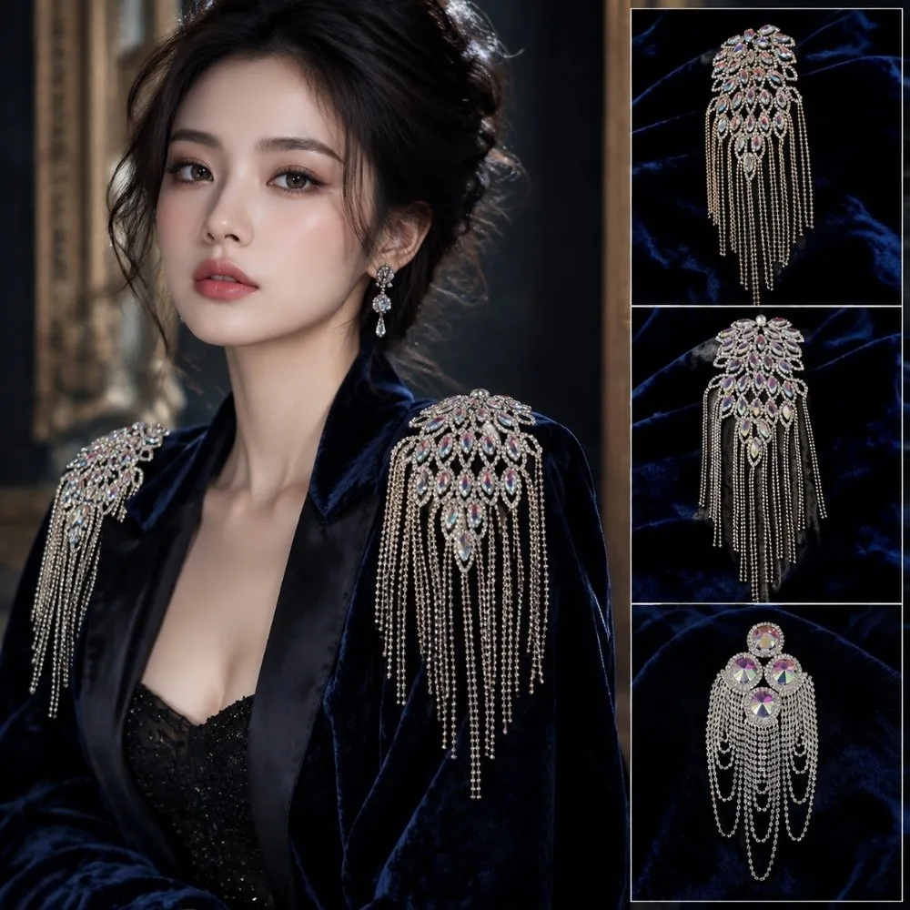 Exquisite Peacock Tassel Chain Epaulette Punk Rhinestone Brooch Shoulder Board Shiny High-end Jacket Shoulder Chain Men