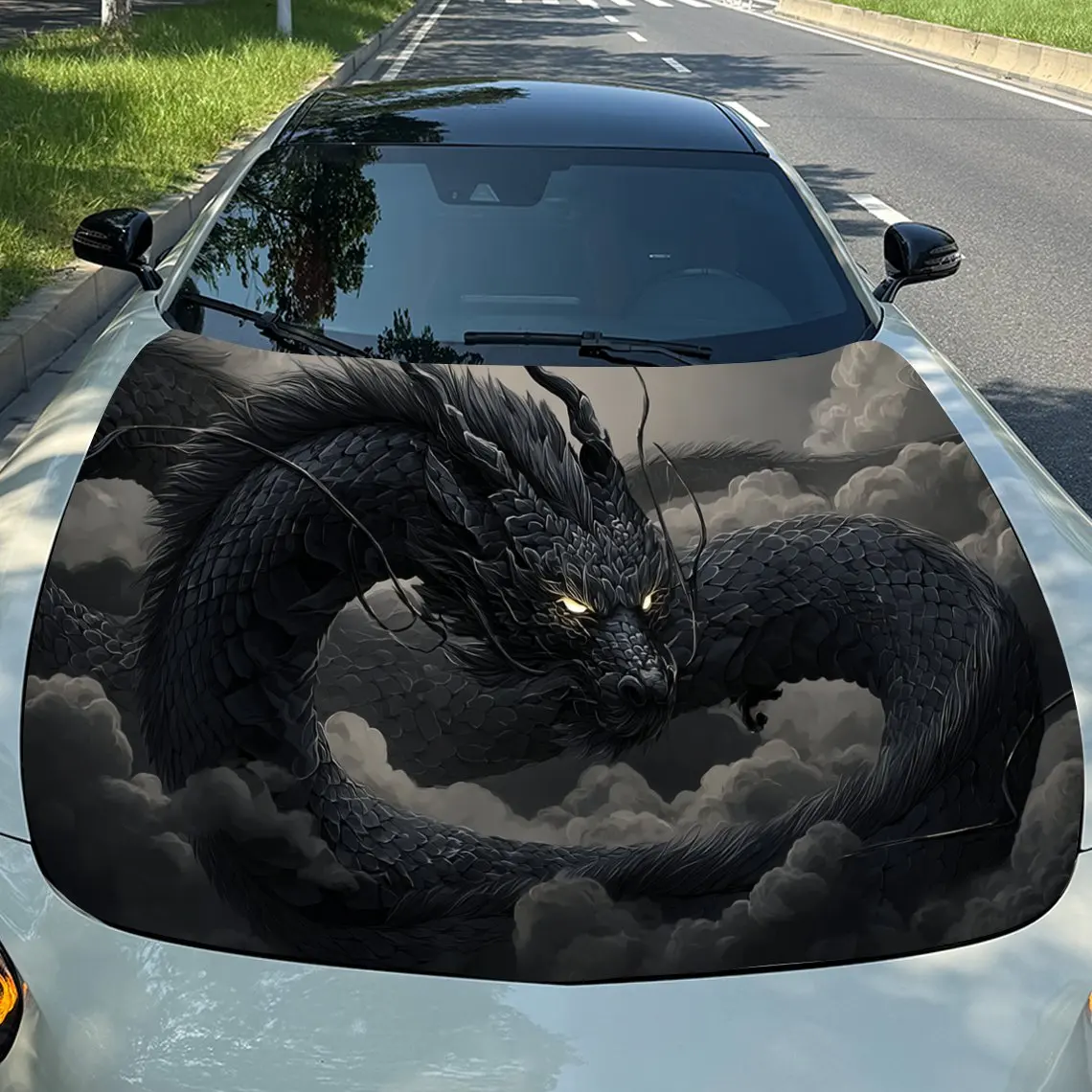 

Dark Clouds & Black-Scaled Mysterious Dragon Car Vinyl Wrap, PVC Material Waterproof Car Hood Sticker, Self-Adhesive Scratch-Res
