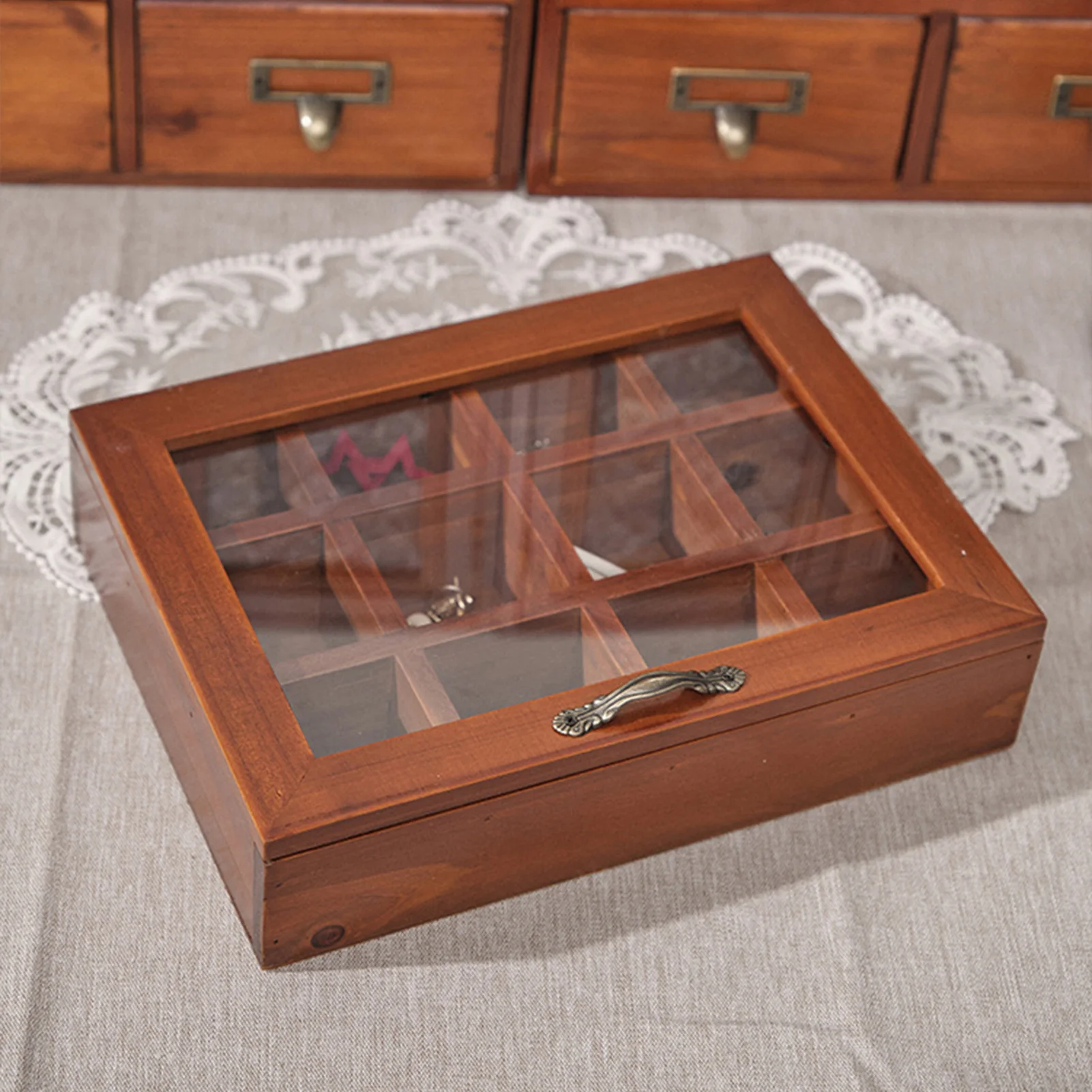 

9/12 Grids Organizer Box Vintage Solid Wooden Storage Box Jewelry Hairpin Watch Tea Bag Storage Box Moisture Resistant Organizer