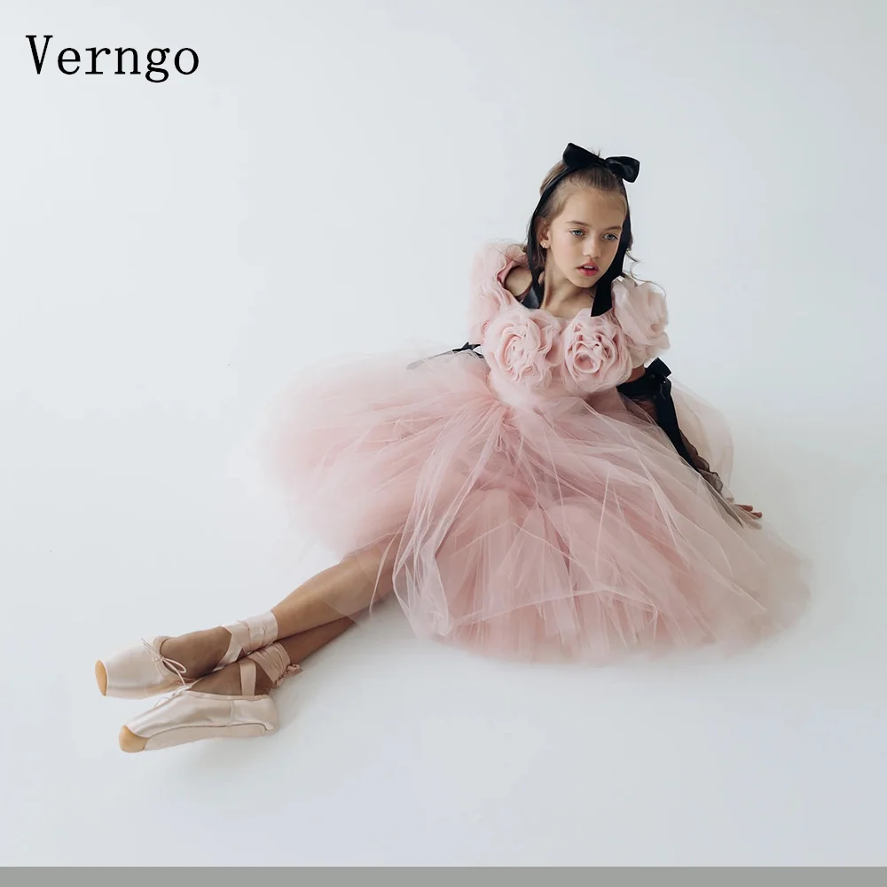 

Verngo Pink 3D Flowers Girl Flowers Dress Off The Shoulder A Line Princess Birthday Party Dress Princess Kid Gown Customized