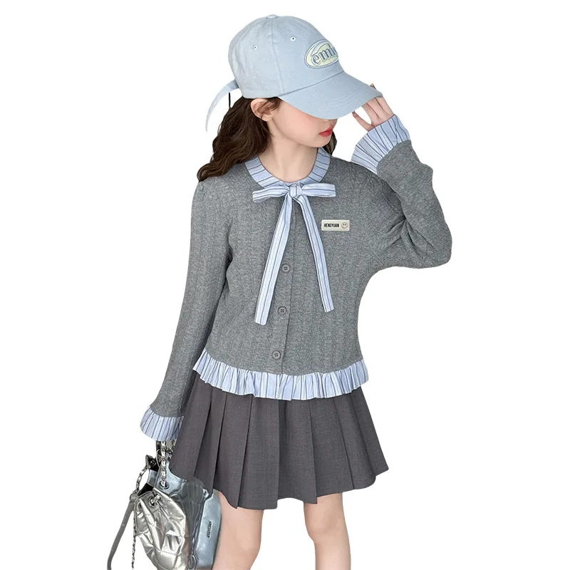 الفتيات مجموعة الربيع والخريف النمط الغربي فراشة عقدة الربط الدانتيل قميص تنورة قابلة للطي قطعتين مجموعة عصرية