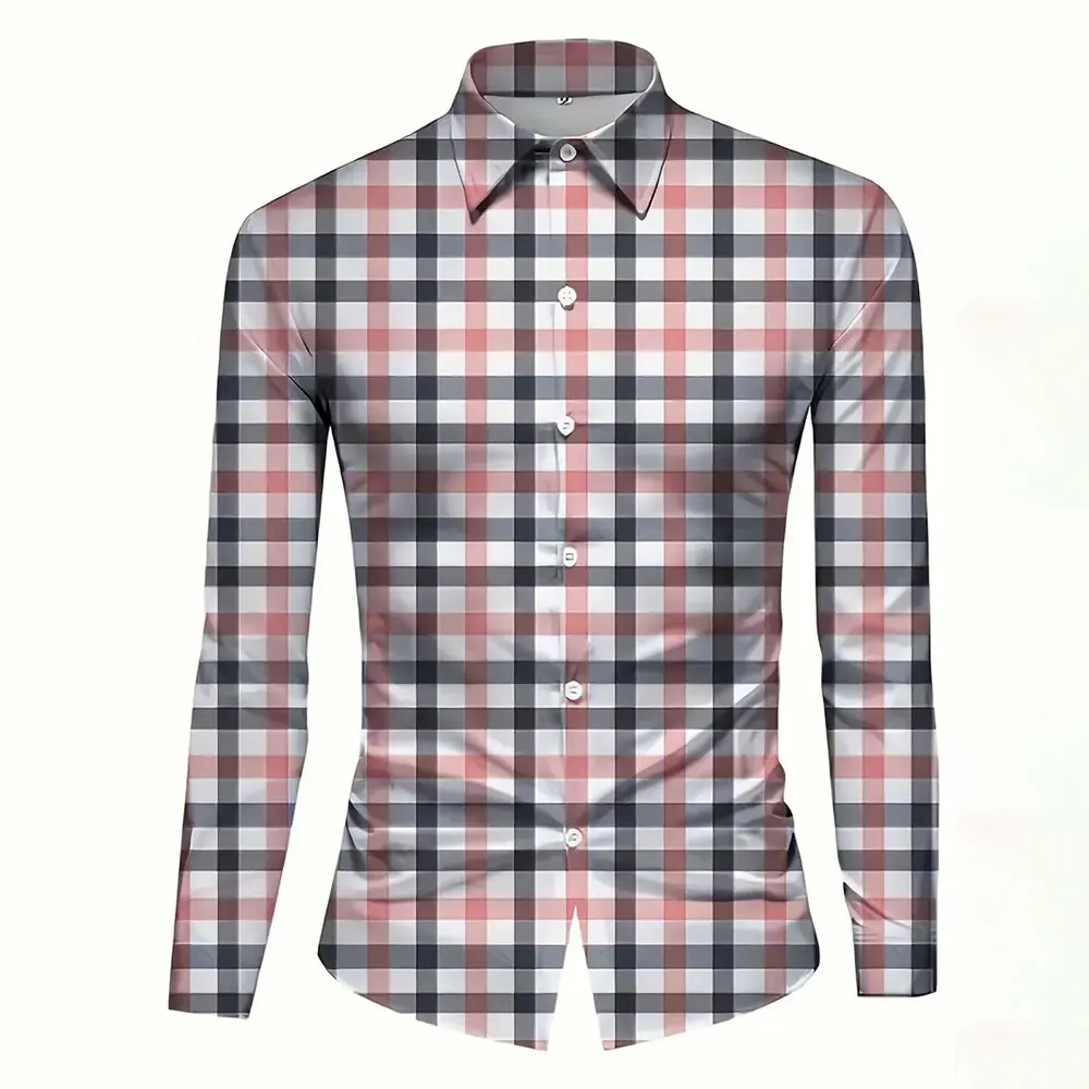 New Retro Checkered Printed Shirts Fashion Minimally Designed Men's Long Sleeve Shirt Men's Casual Loose Collar Button Men's Top