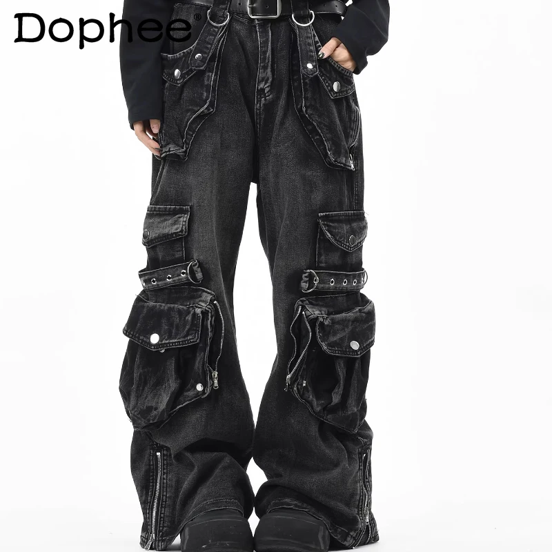 

Модные джинсы унисекс с множеством карманов, свободные джинсовые брюки на все сезоны 2026 года, однотонные, трендовые, широкие джинсы-клеш