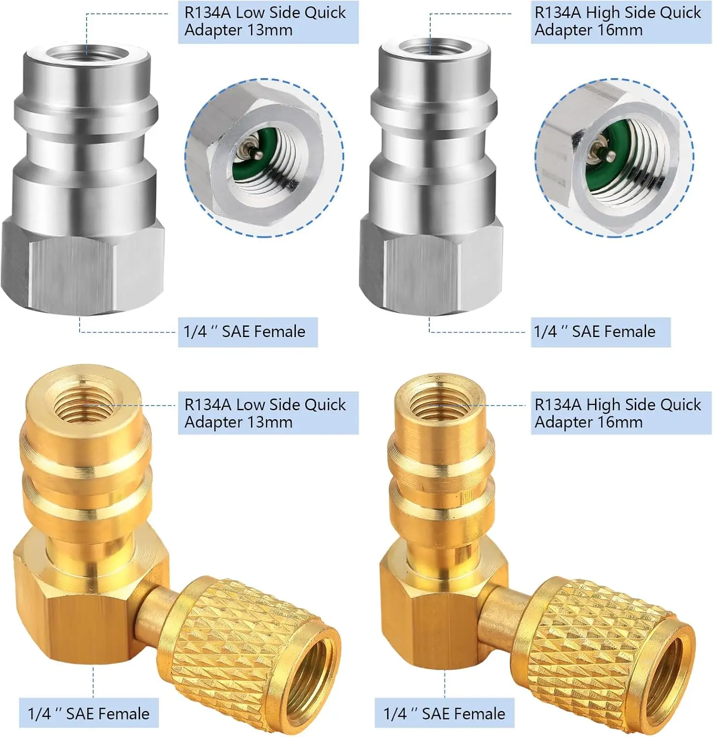 R12 to R134A Conversion Kit Adapter Fittings 90° Quick Coupler Valve, Includes Valve Core Remover Tool for Car AC Refrigerant