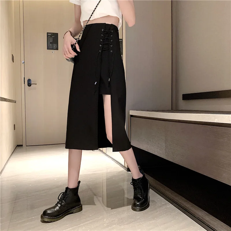 Knee-length Skirts Women Solid Split Design A-line Popular Lace-up Female Empire Dating Vacation Vintage Autumn Chic Students