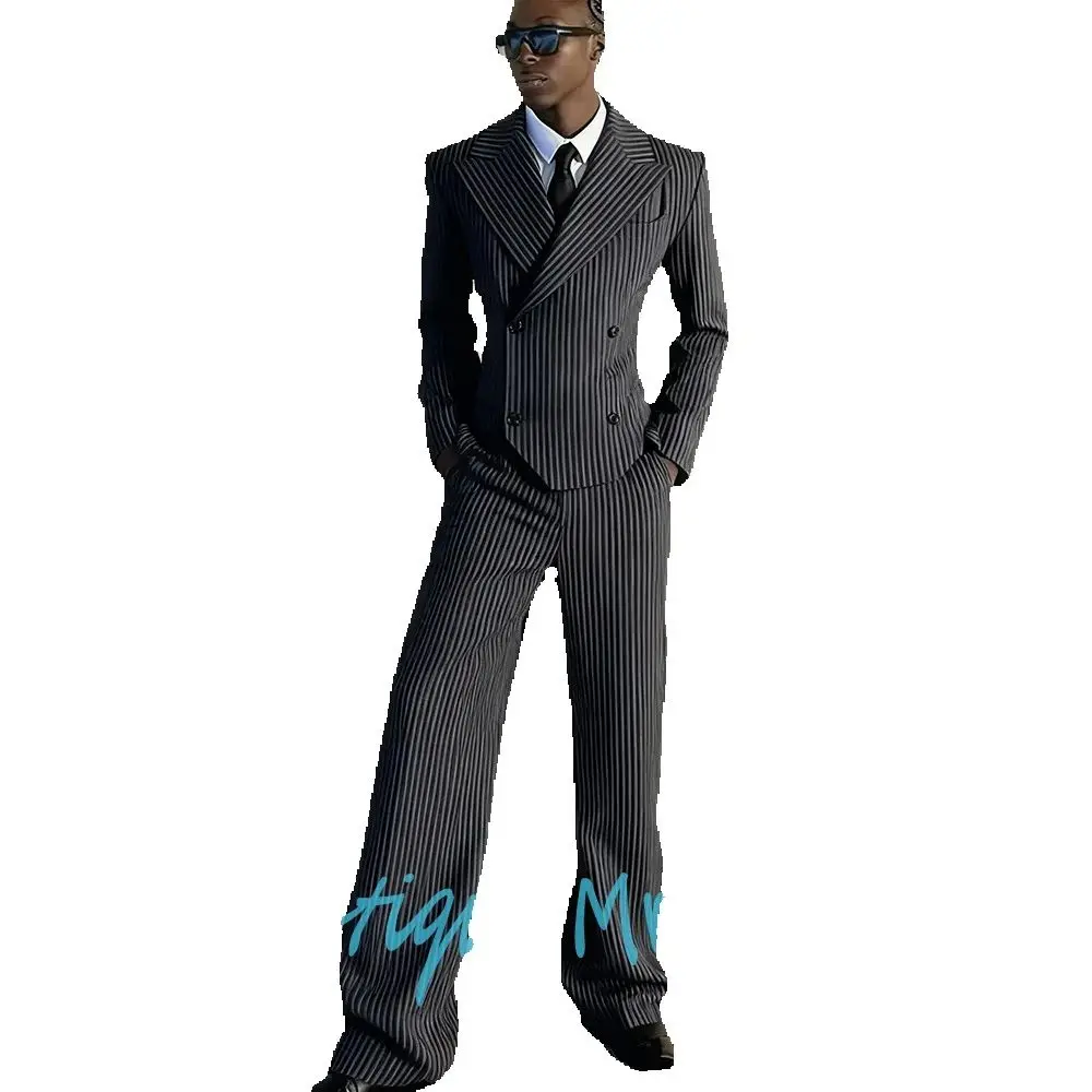 بدلات مقلمة للرجال بقصة ضيقة طقم مكون من قطعتين مزدوج الصدر مع بنطال ذو قصة أرجل واسعة وخياطة عصرية ومظهر يومي عتيق #2