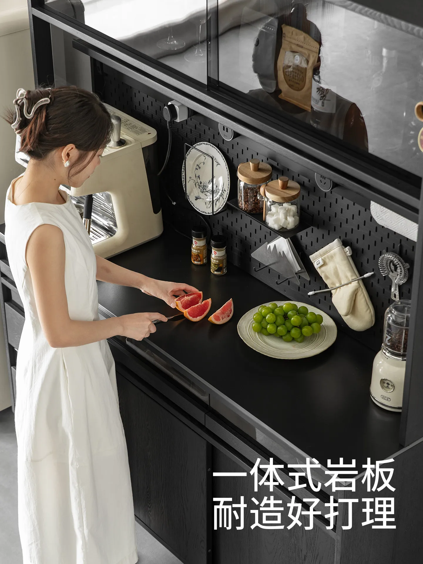 Yuguang dining side cabinet solid wood against the wall black ash wood hole board tea cabinet storage high cabinet