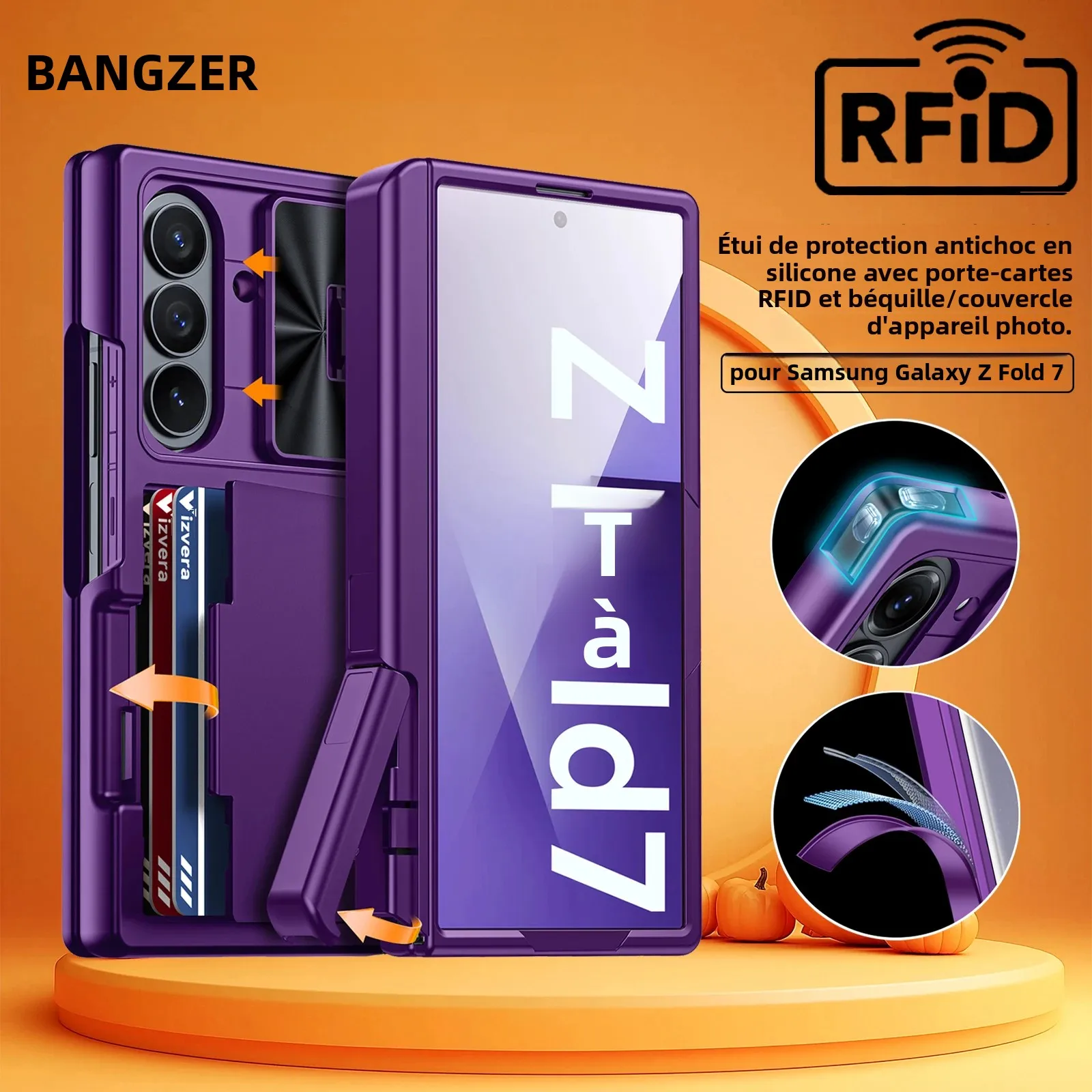Cadeaux d'Halloween pour Galaxy Z Fold 7 Portefeuille RFID avec porte-cartes [Braquille] Housse d'appareil photo] Coque de téléphone en silicone antichoc-Violet