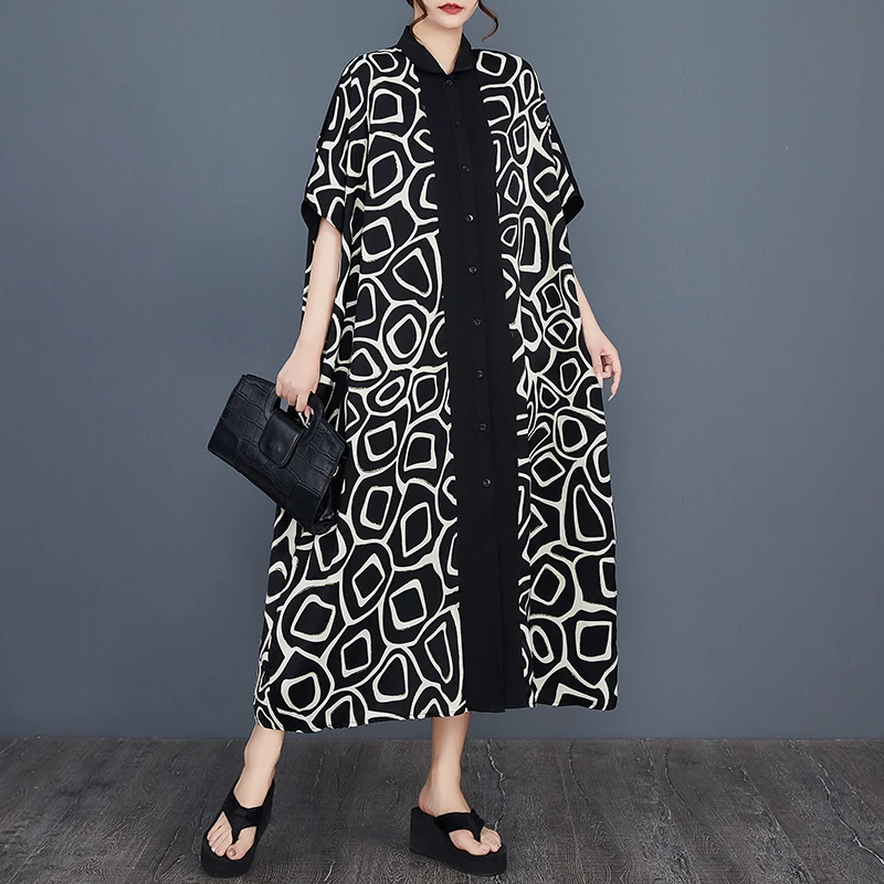 SuperAen جديد 2025 الصيف فضفاضة كبيرة الحجم موضة قميص مطبوع المرقعة واحدة الصدر ألف خط فساتين طويلة