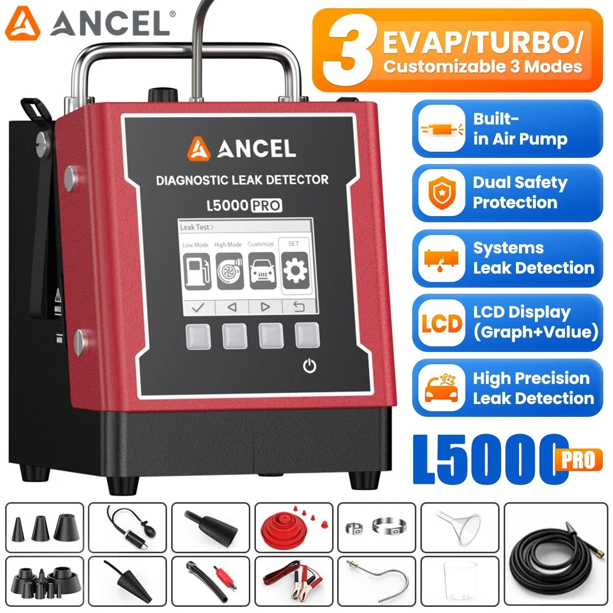 ANCEL L5000 PRO Machine à fumée pour détection de fuites automobiles, localisateur de fuites EVAP et turbo, pompe intégrée, test de pression de fuites d'huile dans les conduites automobiles