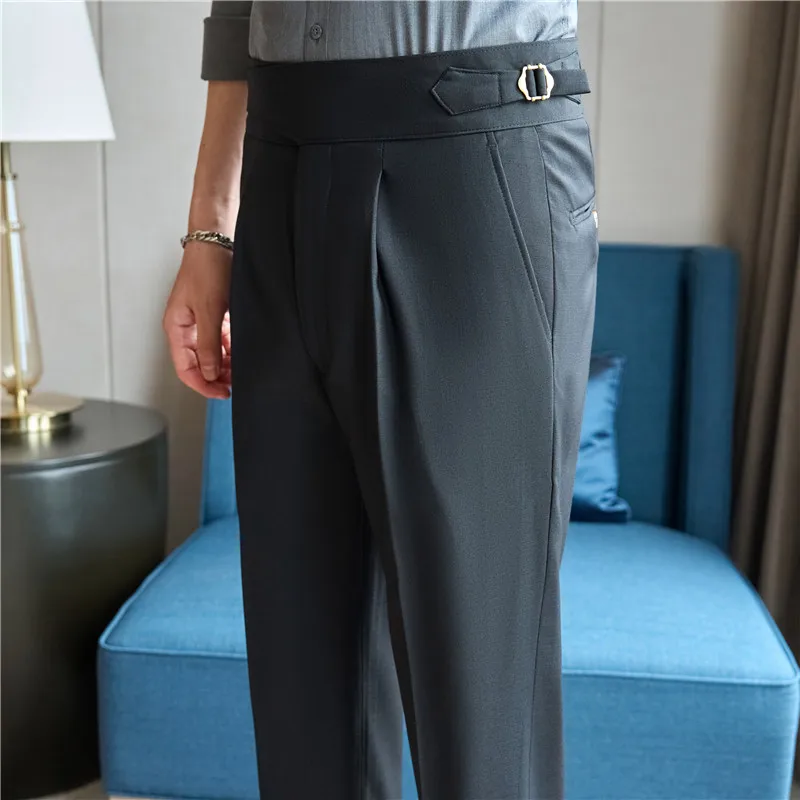 Autumn Lesser Casual Suit Pants Men High Waistband Decoration Business Office Social Formal Pants Wedding Party Trousers