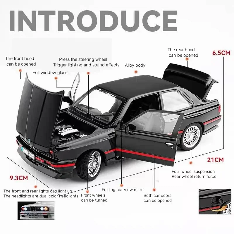 Coche en miniatura de aleación BMW M3 E30 IM 1:24, modelo de coche a escala de Metal fundido a presión, colección de simulación de sonido y luz, vehículo de juguete para regalo para niños