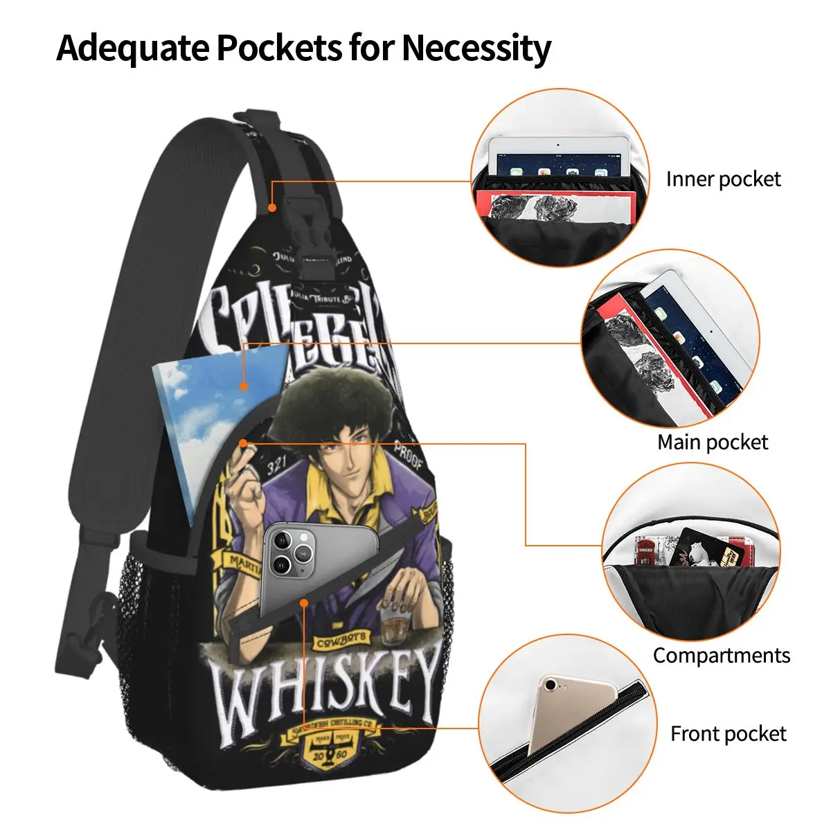 Spiegel's Cowboy Bebop Whiskey Crossbody Sling Bag, bolso de pecho pequeño, mochila de hombro de Anime, mochila de día, viaje, senderismo, Camping, Satchel