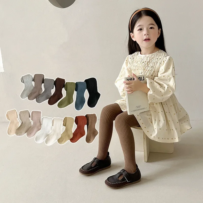 1-8 Yrs Kid Girl Tights Baby Stockings Autumn Spring Tights Child Pantyhose Cotton Pants Solid Color Striped Cute Girls Trousers