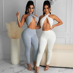 Sexy Commute Women Jumpsuit Halter Sleeveless Hollow Out Backless Solid Color Bodycon Tight Hip Lifting Summer Bodysuit  Rompers