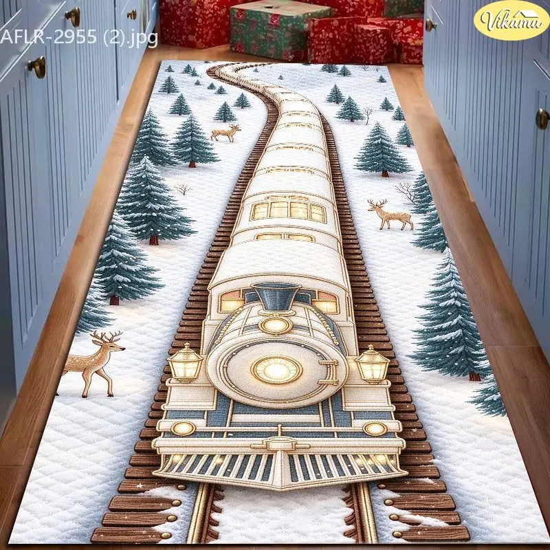 VIKAMA White Xmas Train Forest Woods Crystal Velvet Long Carpet Non Slip Floor Pad for Xmas Warm Cozy Decorative Home Decor