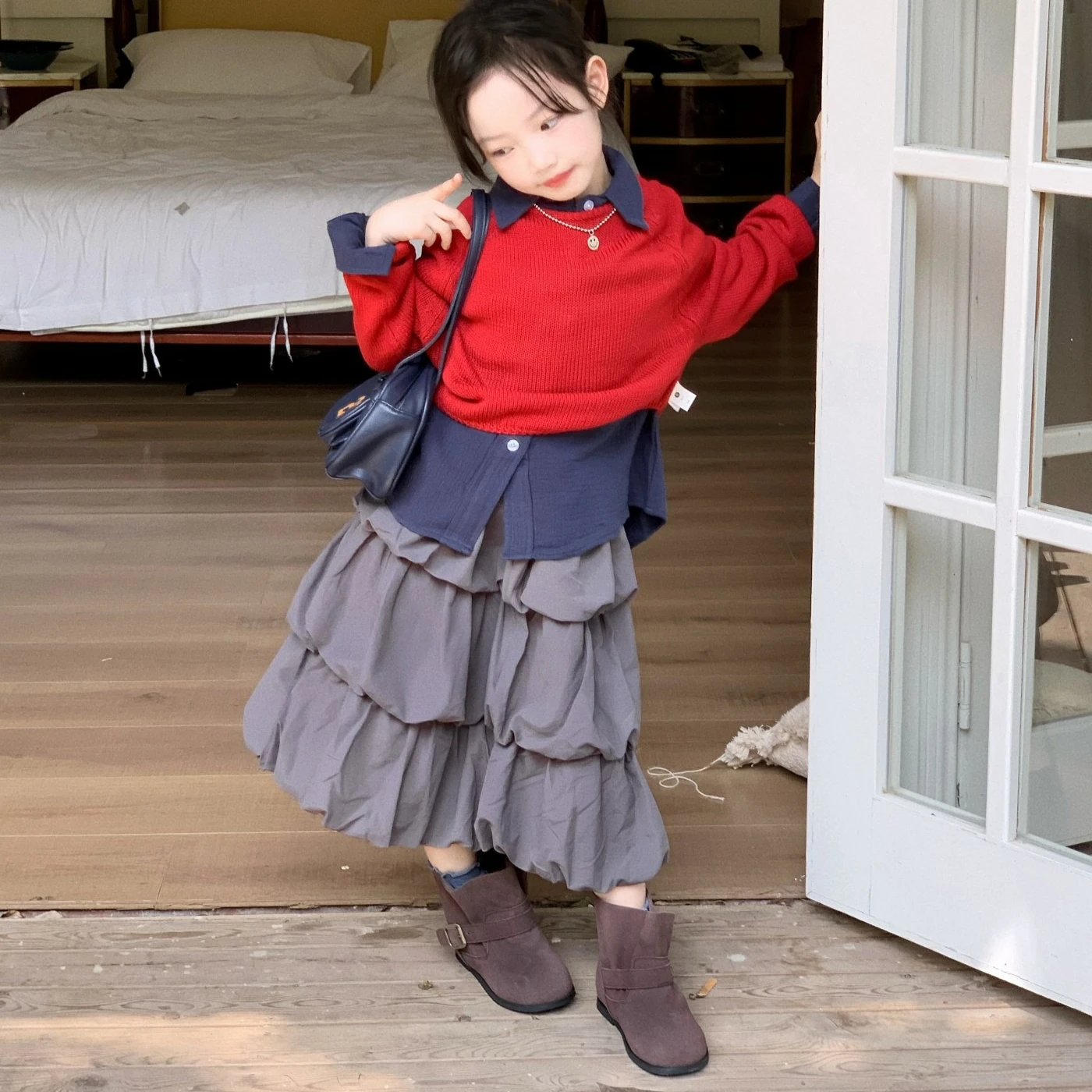 

Girls Suit 2025 Autumn New Children's Clothing Korean Style Girl Baby Shirt Sweater Bubble Skirt Three Sets Casual Simple Daily