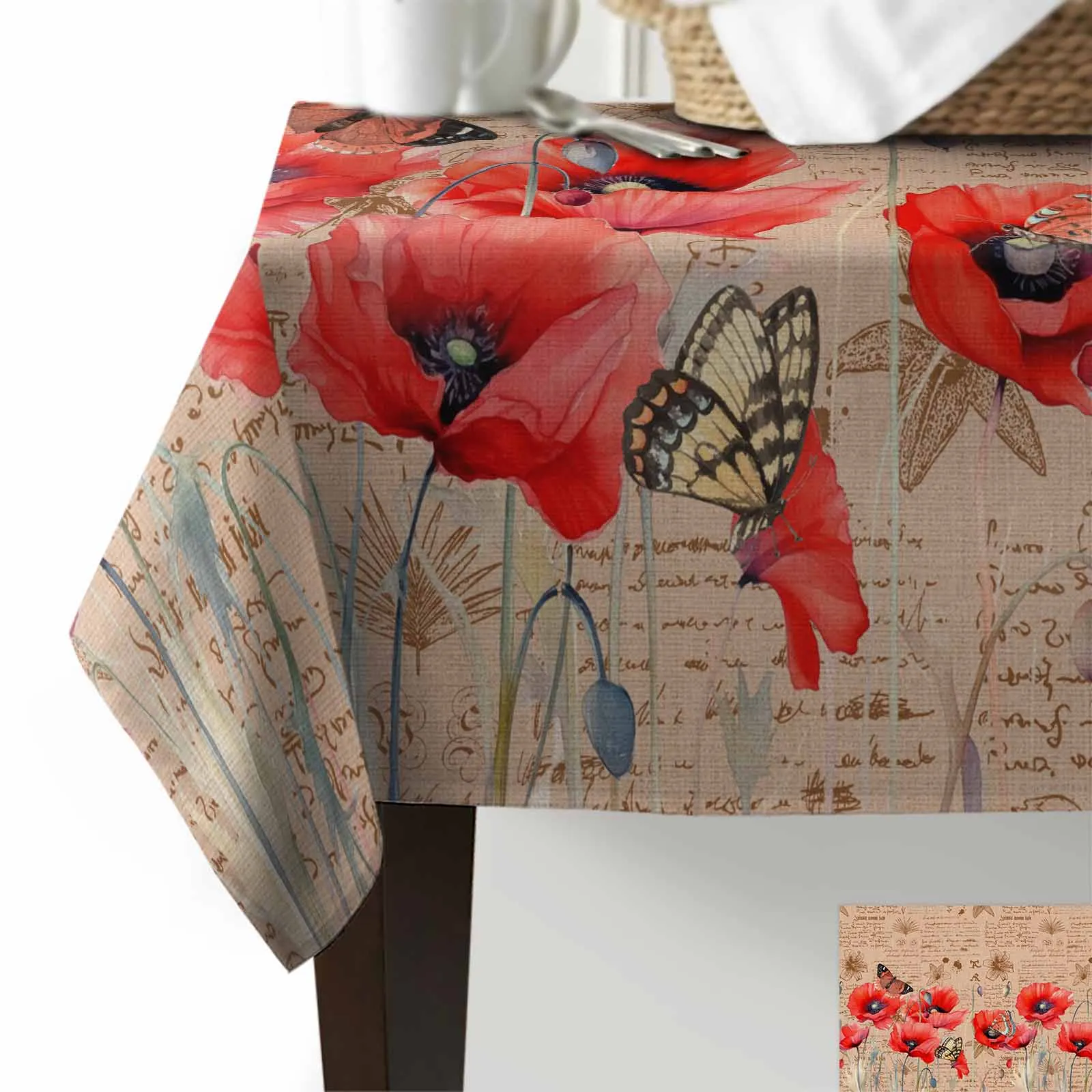 Poppy Flower Retro Butterfly Tablecloth Holiday Dining Table Decor Table Cover Rectangular Wedding Decoration Tablecloth