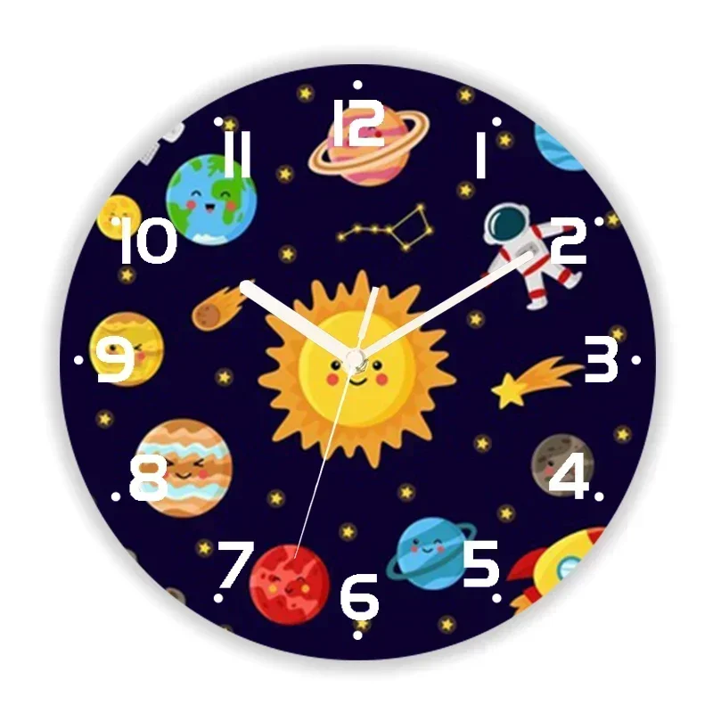 Colorful Cartoon Planets of Solar System Galaxy Universe Wall Clock for Kid Bedroom Boy Nursery Space Cute  Watch Home Decor