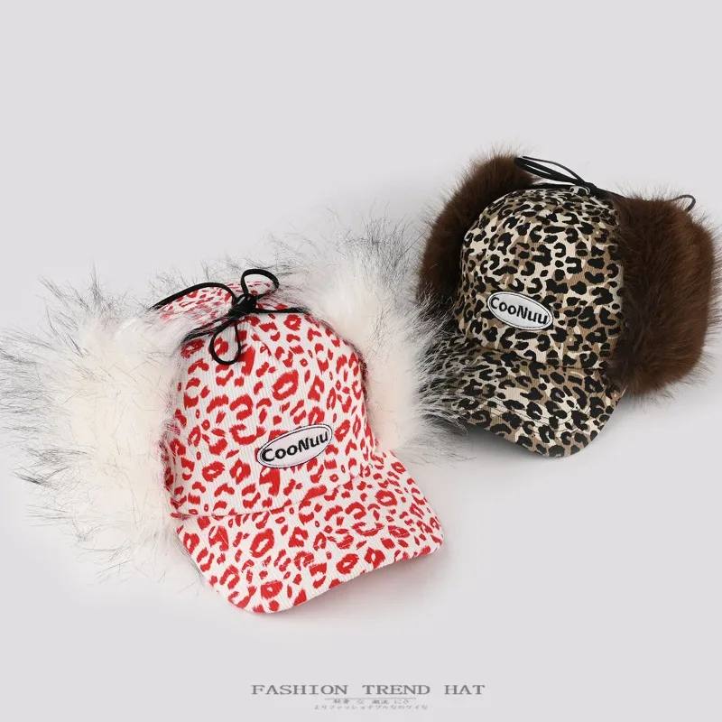 New Personalized American Leopard Print Plush Baseball Cap Winter Men and Women Outdoor Warm Ear Protection Flying Bomber Hats