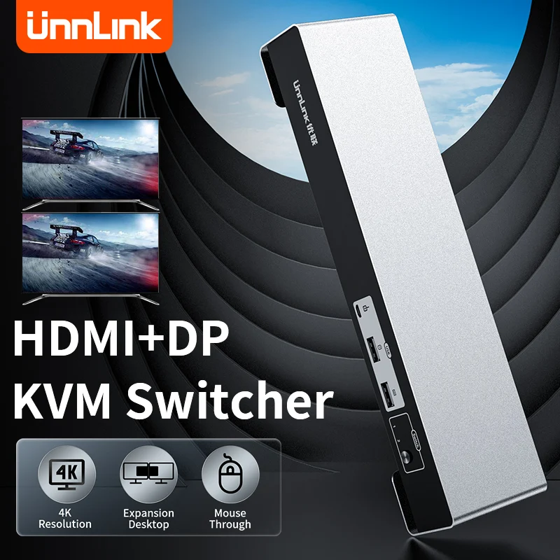 Unnlink 4K KVM Switch HDMI DP Dual Screen Monitor Switcher 2x2 With Sharing Keyboard Mouse Control USB Dual Channel Shared Udisk