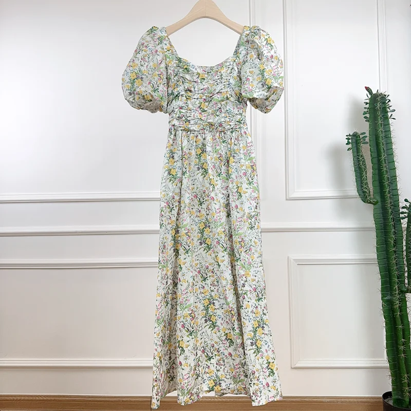 Primavera verão nova fragrância vestido longo moda feminina doce férias bohemia bolha manga curta vestido floral feminino