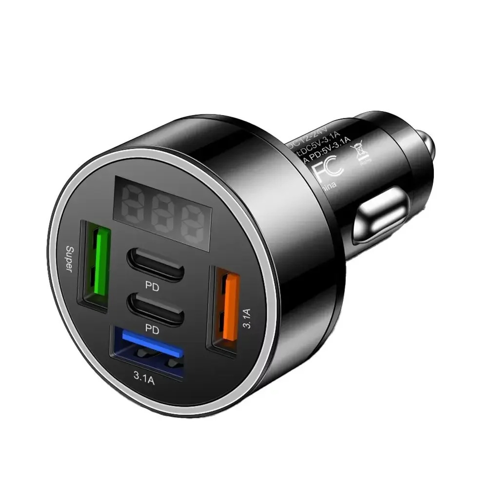 5 Ports Car Charger Fast Charging PD For QC3.0 Car Phone Charger Adapter Provides Real-time Voltage Detection, Helping You Monit