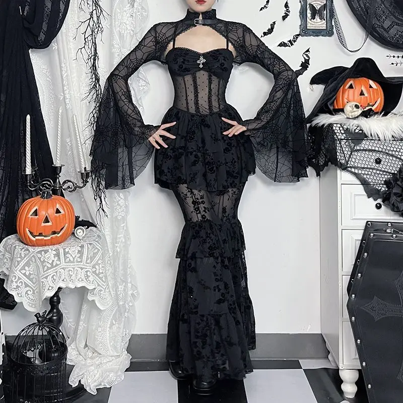 Vintage Spider Web Smock Shirts Spring Autumn Dark Gothic Flare Long Sleeve Female Clothing Stand Collar Halloween Short Blouse