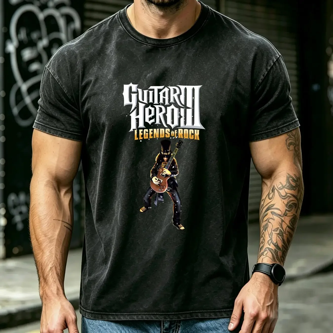 washed T Shirt Guitar Hero 3 Legends of Rock 2007 Mens M Black White 53 67 vintage Washed graphic Breathable Casual Comfortable