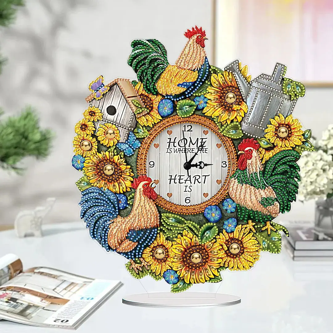 HOMFUN 5D DIY Special Shape Diamond Painting Desk Ornament Crystal Handmade Clock Kit Sunflower Rooster Embroidery Home Decor - view 3