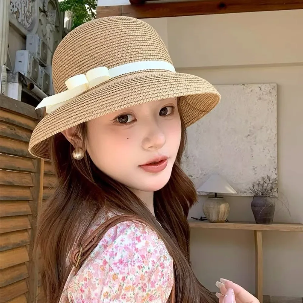 

Elegant French Bow Straw Cap Beach Hepburn Weaving Cap Summer Vacation Bucket Sun Hat Outdoor
