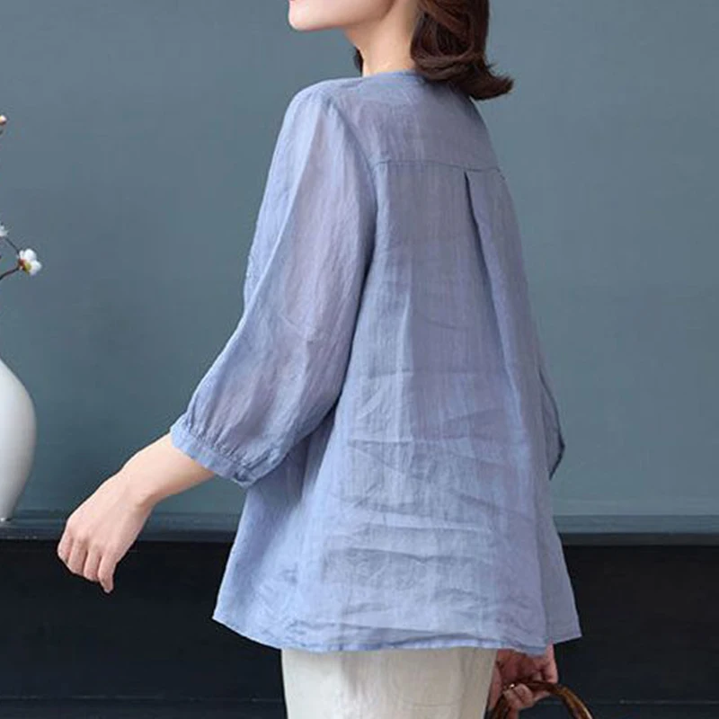 Summer Elegant Fashion New Blouse Women Button Prairie Chic V Neck Three Quarter Sleeve Solid Color Embroidery Loose Casual Top