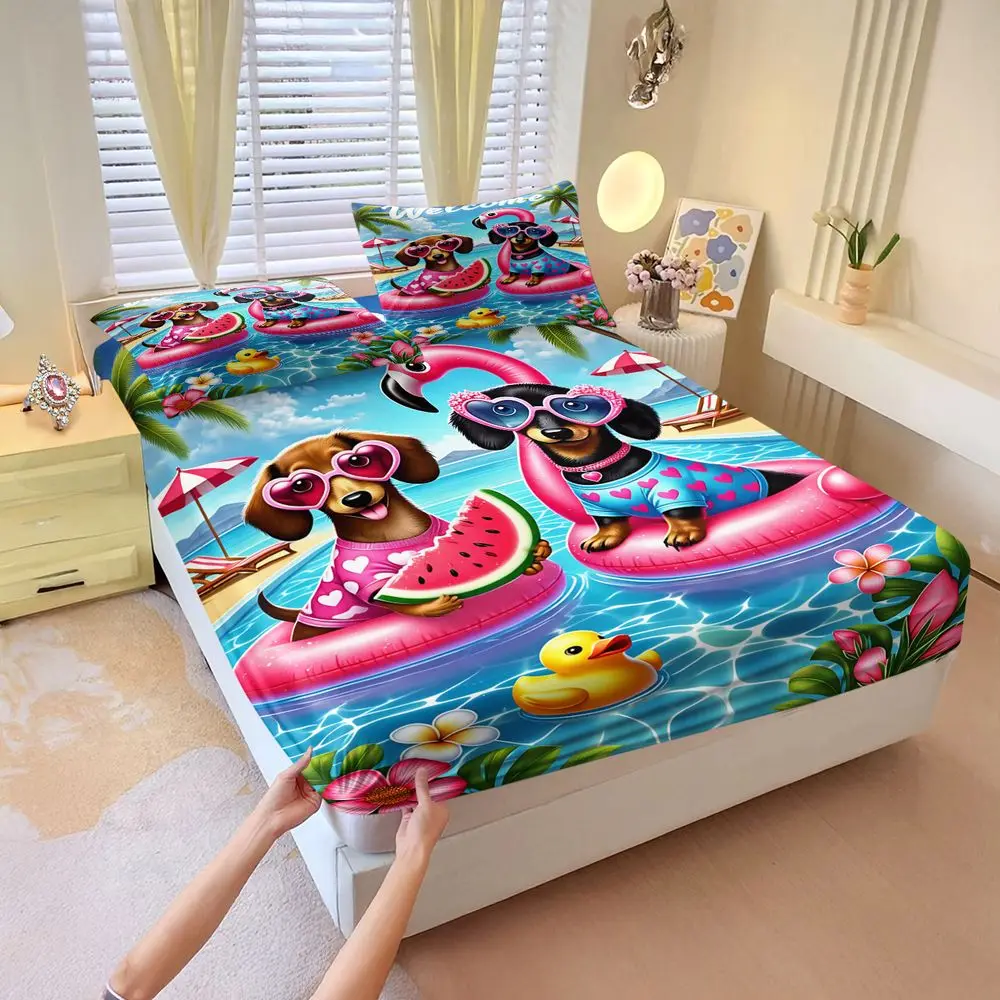 Summer Dachshund Flamingo Print Fitted Sheet Set Bed Sheet Set Bedding Set No Fillers HD Digital Print Vacation Home Bed Cover