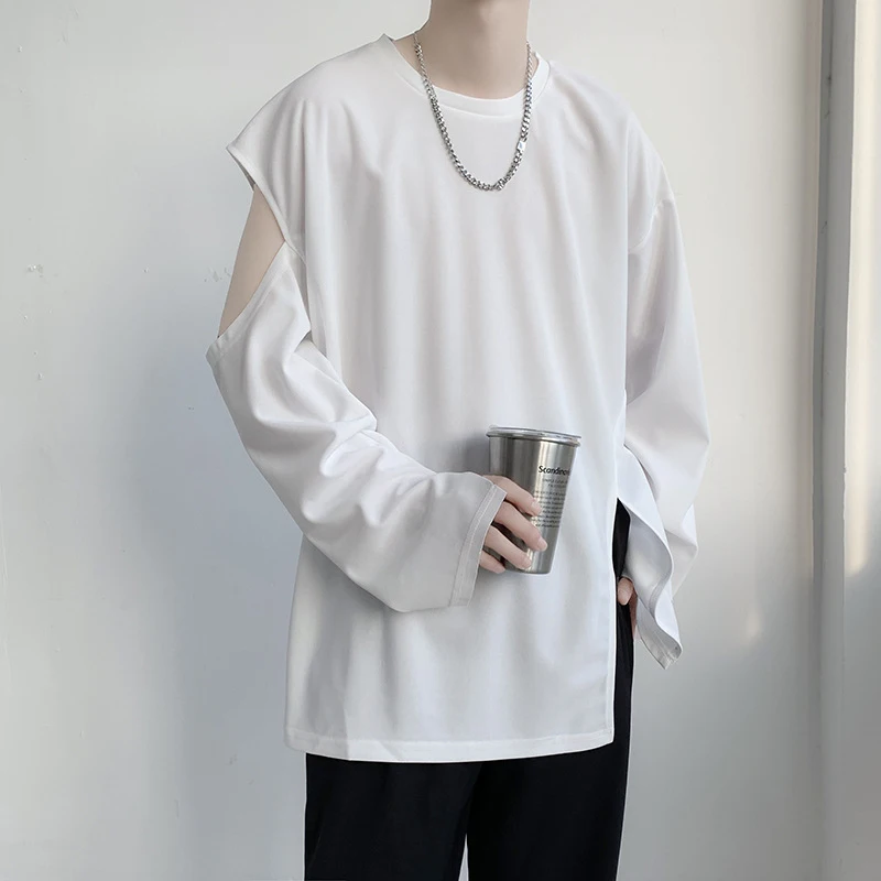 Men's new T-shirt with off-shoulder design, irregular slit, ripped details, long sleeves, dark style, trendy, plus size
