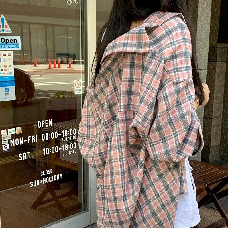 

Свободная повседневная женская рубашка в клетку с длинным рукавом, винтажная верхняя одежда в стиле Dongda Gate, удобный хлопковый топ для весны и осени