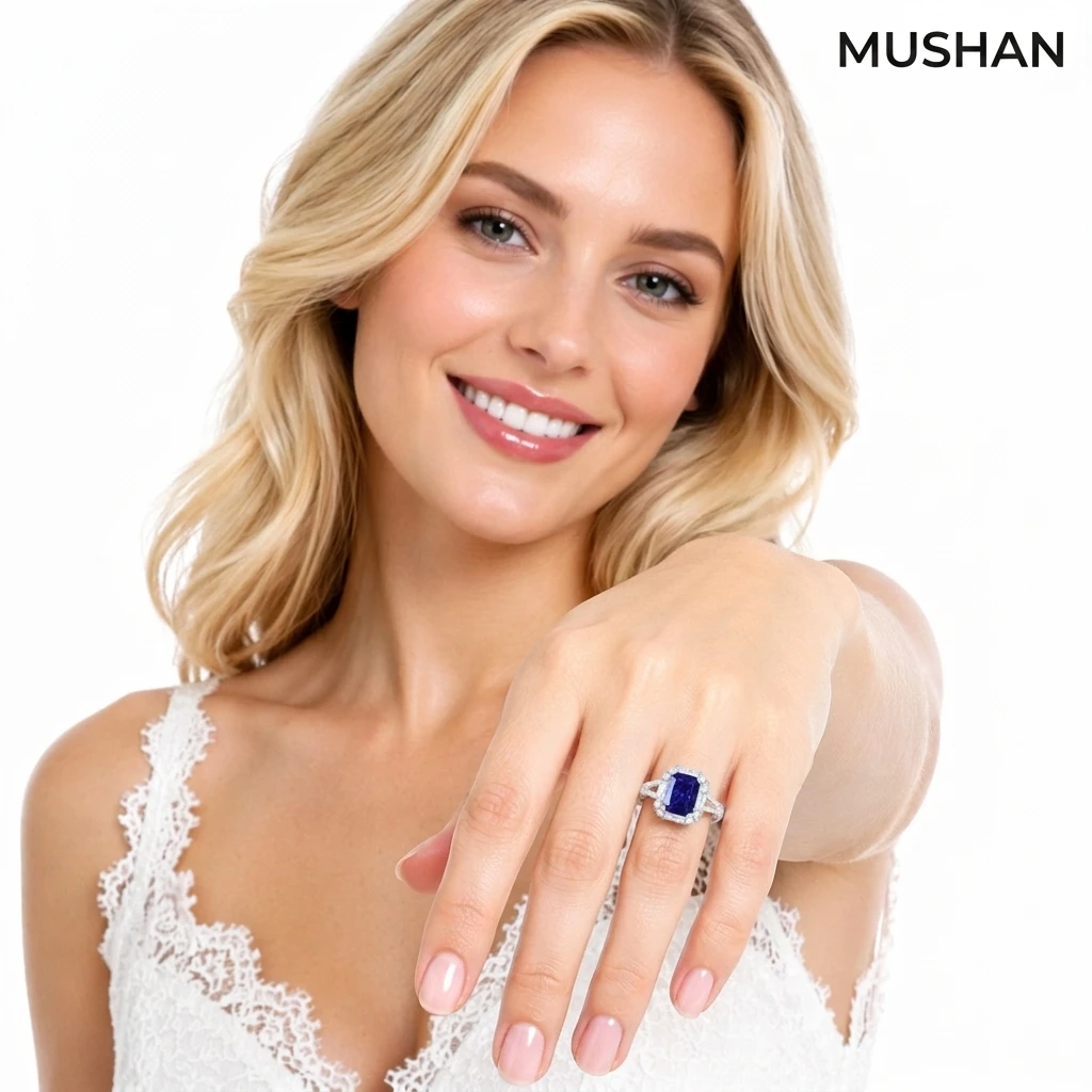 MUSHAN Luxury Jewelry Tanzanite Gem 2.5 Carat Sugar Cube Ring For Women S925 Sterling Silver Rectangular High Carbon Diamond