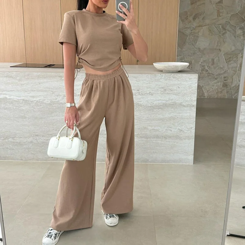 

Elegant O-neck Drawstring Top & Long Pant Suit Women Causal Short Sleeve Solid 2Pc Outfits 2025 Fashion Simple Loose Sport Suits
