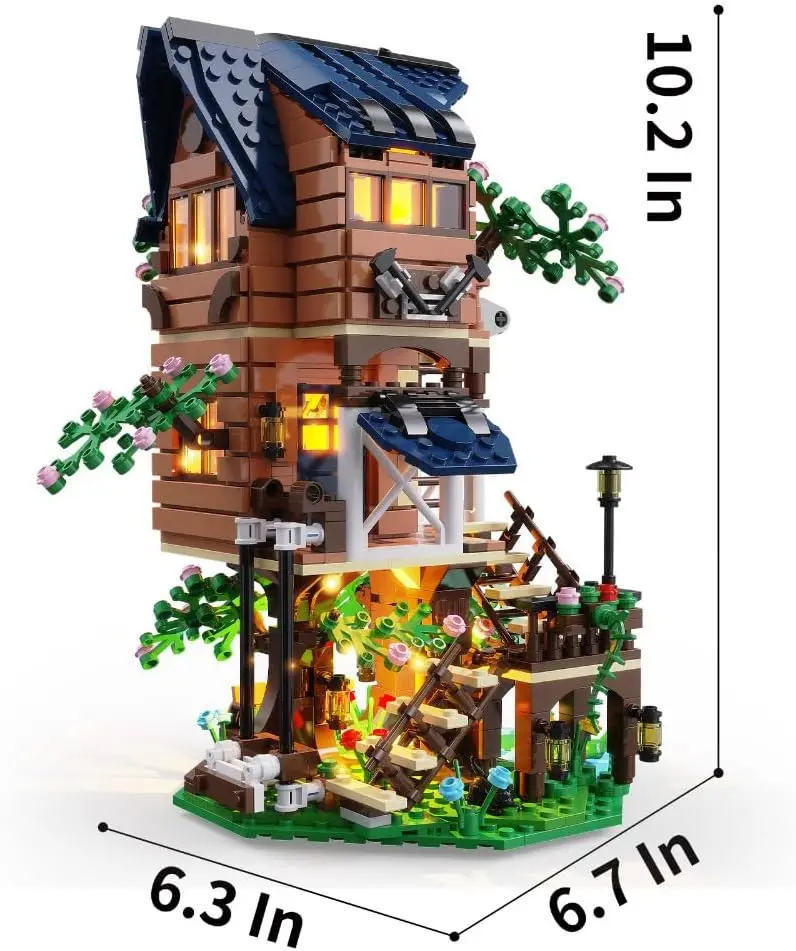 Exquisite four in one street view treehouse building block set, simulated tree glowing building block toy home decoration