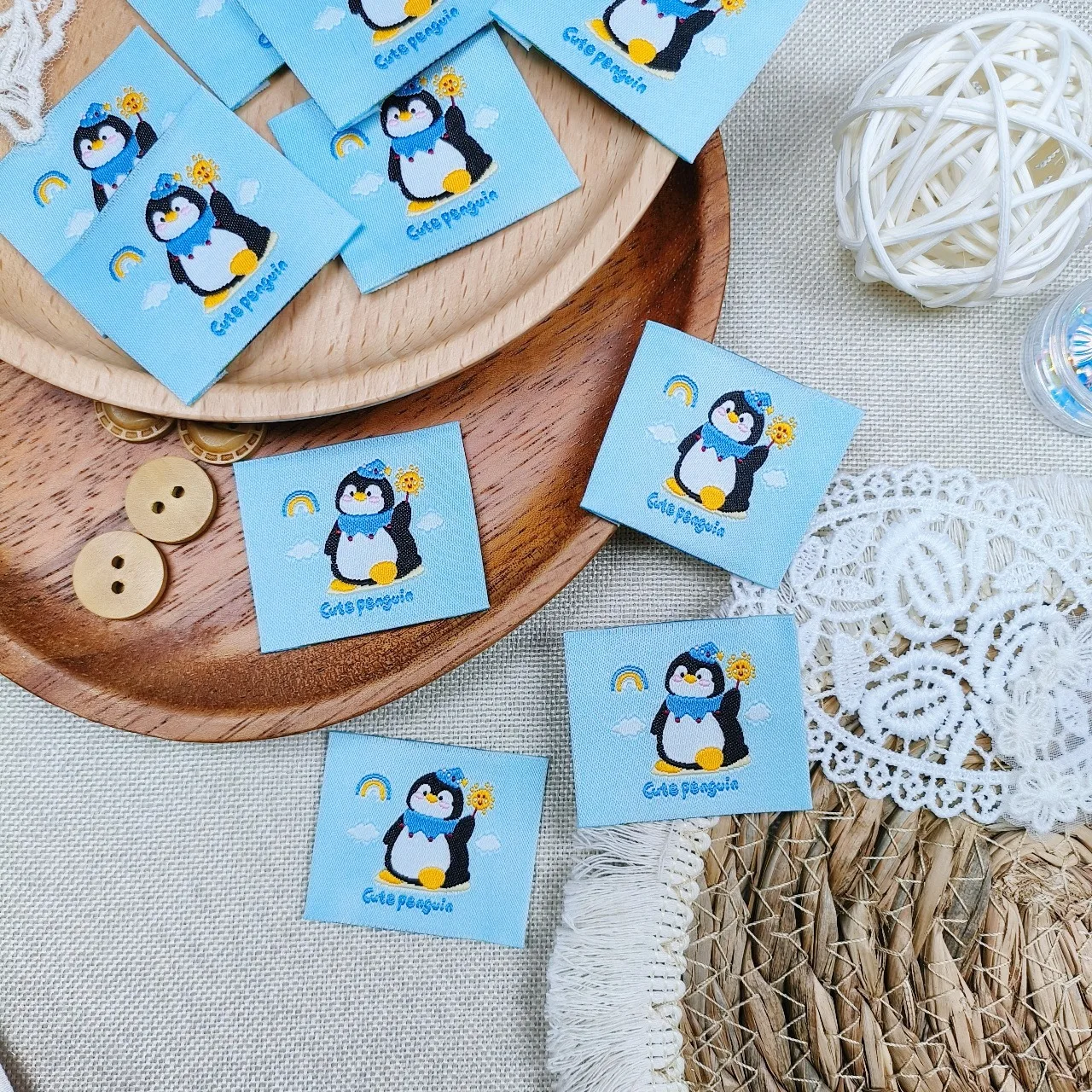 Cute Penguin Sewing Woven labels Handmade Cloth tags of Adorable Style DIY Clothes label, Coaster Craft Supplies,Hair scrunchies