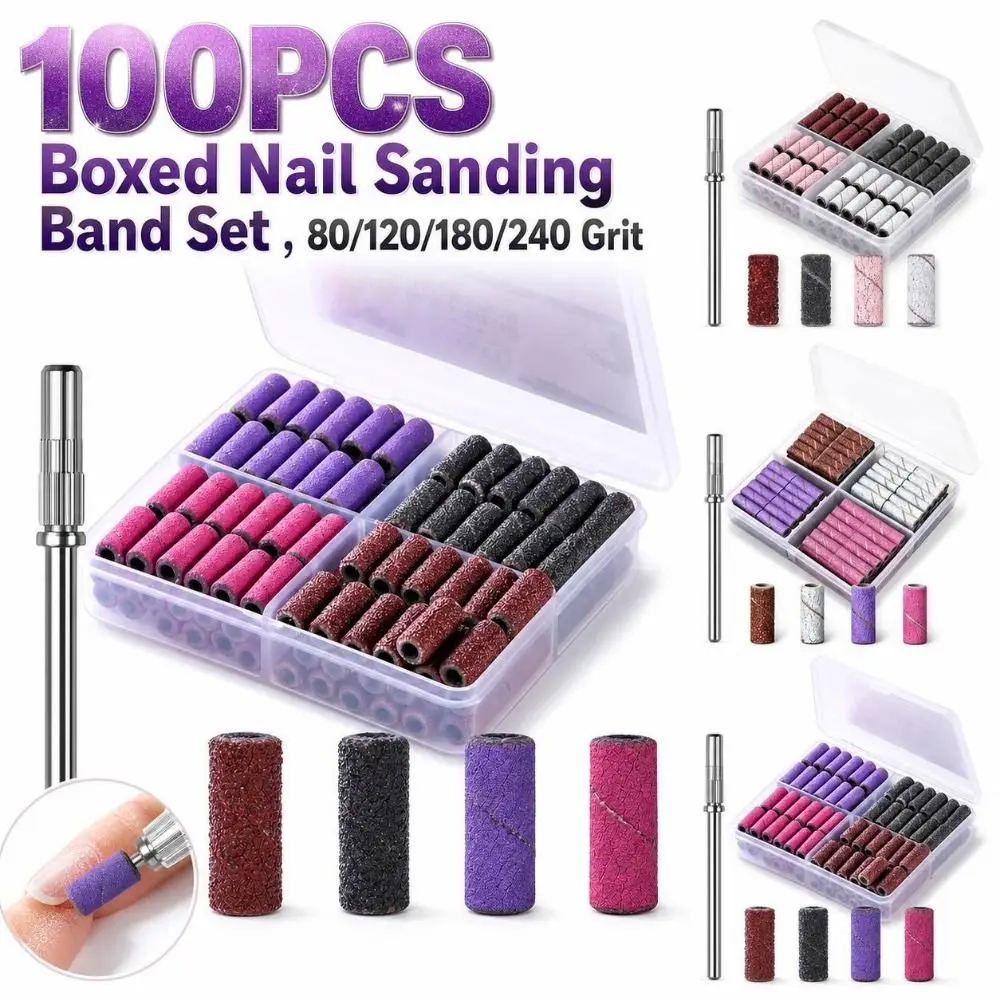 100PCS 80/120/180/240 Grit Nail Sanding Bands Mixed‑grit 3.1mm Nail Drill Sanding Bands Boxed Replaceable Nail Sanding Band Set