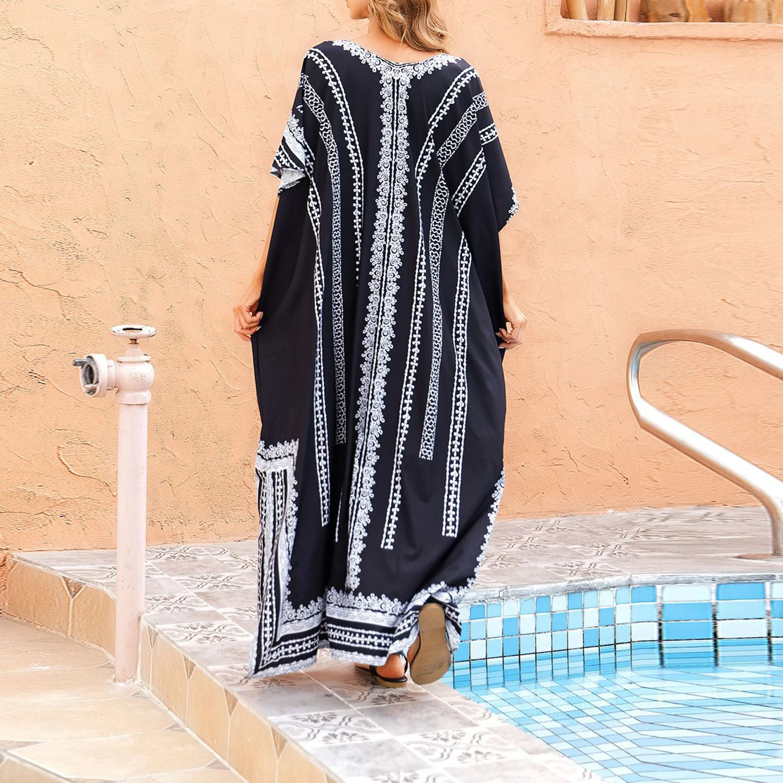 Kobiety Kaftan Wakacyjna sukienka plażowa Vintage Print Split Krótkie rękawy Luźne bikini Cover Up na strój kąpielowy Szlafrok Strój kąpielowy