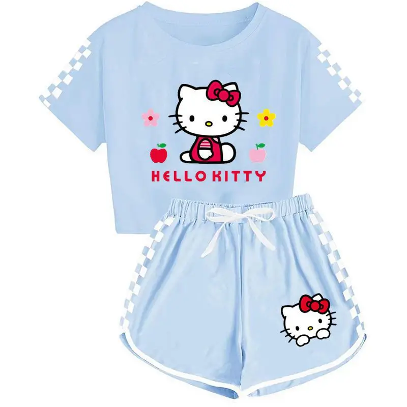 Sanurgente-Ensemble chemise et short de dessin animé pour filles, pyjama doux, manches courtes, vêtements de sport d'été, Cinnamoroll, Hello Kitty, cadeau pour fille